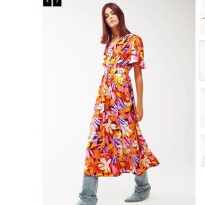 BRAND NEW Q2 Floral Print Evening Wrap Dress With Gold Detail Buckle